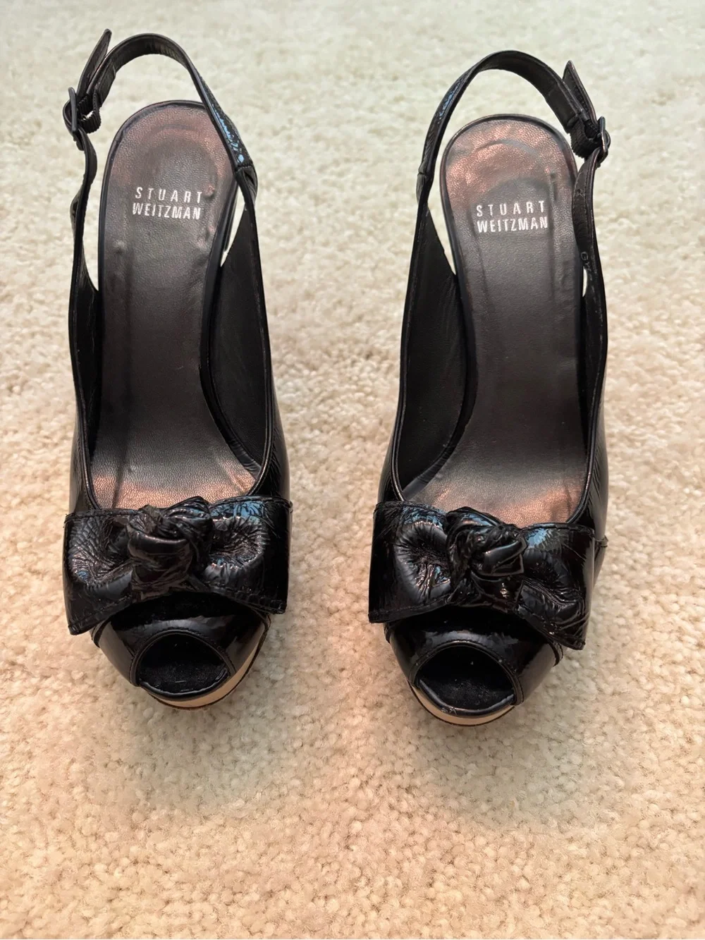 Stuart Weitzman Black Peep-Toe Slingback Heels with Bow Accent
